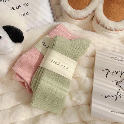 Solid color vertical plush socks, children's mid length socks, autumn and winter plush and thickened warmth, Japanese style plush socks, winter long socks, m1915010473